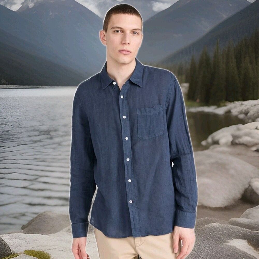 Faherty Men's XL Linen Laguna Button Up Shirt Blue Lightweight Breathable